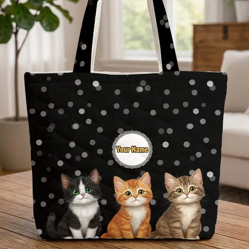 Tuxedo Tabby Kittens Your Name - Cat Lovers Gift for Kids Quilted Tote Bag
