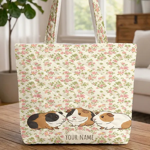 Adorable Guinea Pigs Pink Yellow Flower Clover Wreath - Personalized Pet Lover Gift Quilted Tote Bag