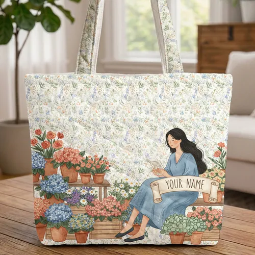 Name Scroll Woman Sitting Flower Market Wildflower Background - Everyday Tote Gift Quilted Tote Bag