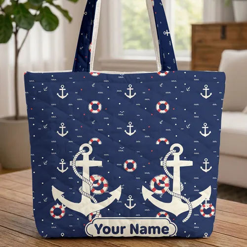 Personalized Anchors Life Preservers Nautical - Boating Trip Gift for Boat Lover Quilted Tote Bag