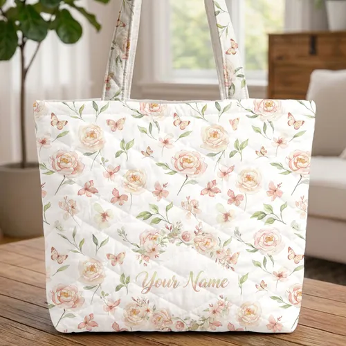 Personalized Watercolor Peonies Butterflies Floral Name - Keepsake Gift For Women Quilted Tote Bag