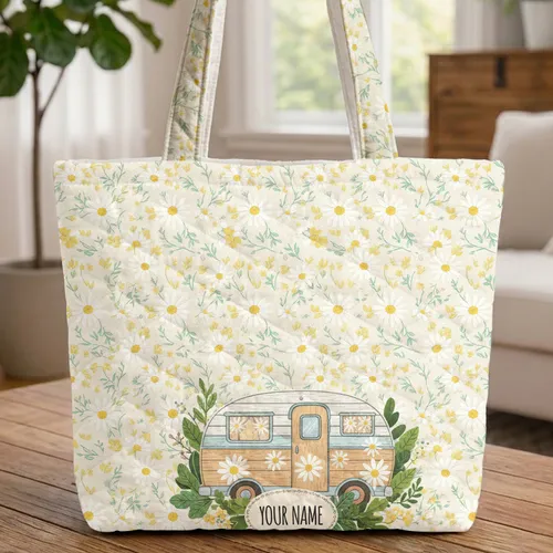 Vintage Camper Van Daisies Foliage - Road Trip Essentials Gift for Travel Lover Quilted Tote Bag