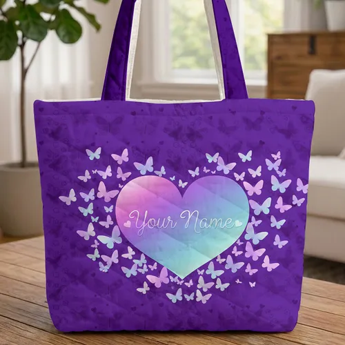 Iridescent Heart Butterflies Cursive Name - Personalized Everyday Gift for Girls Quilted Tote Bag