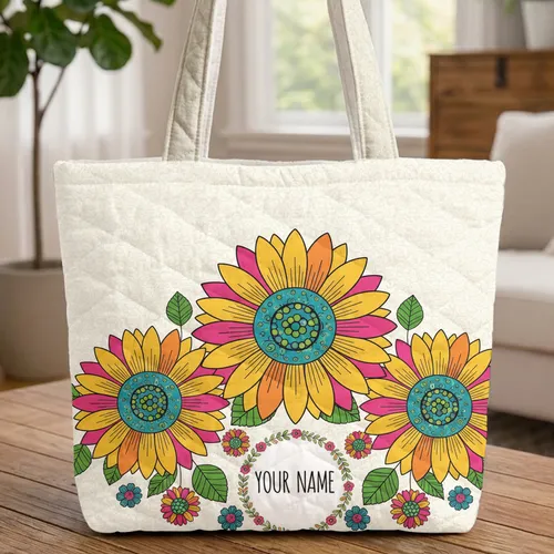 Large Sunflowers Floral Wreath Name Frame Quilted Tote Bag