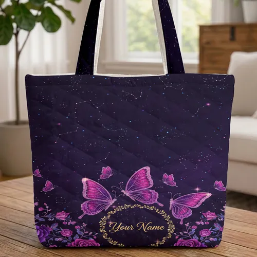 Ornate Glitter Butterflies Purple Roses Name Floral Wreath Cosmic Stars - Personalized Gift Quilted Tote Bag