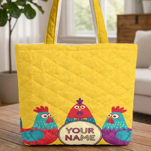 Barnyard Chickens Googly Eye Personalized Name - Farmhouse Home Decor Gift Quilted Tote Bag