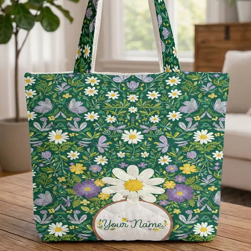 Daisies Butterflies Dragonflies Floral Name - Everyday Carry Gift Quilted Tote Bag