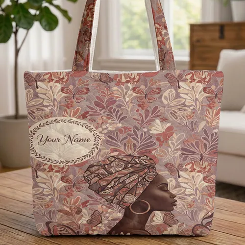 Woman Profile Headwrap Hoop Earrings Butterflies Flowers - Everyday Tote Quilted Tote Bag
