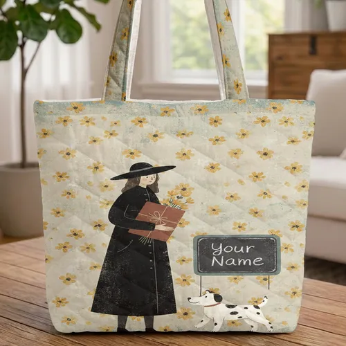 Woman Dog Chalkboard Name Yellow Daisy - Everyday Tote Dog Lover Gift Quilted Tote Bag