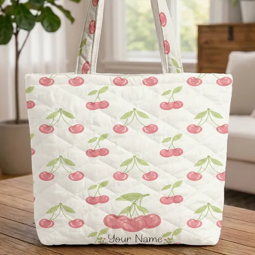 Pink Cherry Leaf Garland Personalized Name - Everyday Style Gift for Her Quilted Tote Bag
