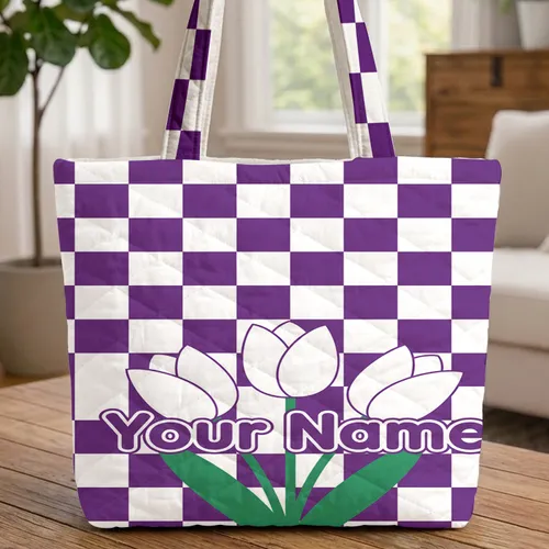Tulips Leaves Checkerboard Tulip Lovers Quilted Tote Bag