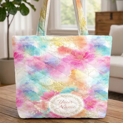 Watercolor Splashes Ornate Botanical Bouquet Metallic Floral Wreath Quilted Tote Bag