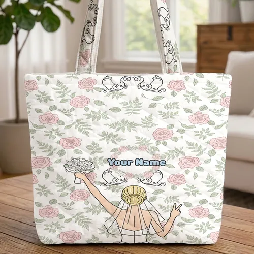 Young Woman Wedding Gown Peace Sign Bridal Bouquet - Wedding Gift for Bride Quilted Tote Bag