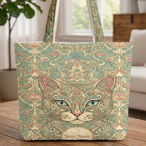 Art Nouveau Cat Face Swirling Floral Paisley Personalized Gift for Her Quilted Tote Bag