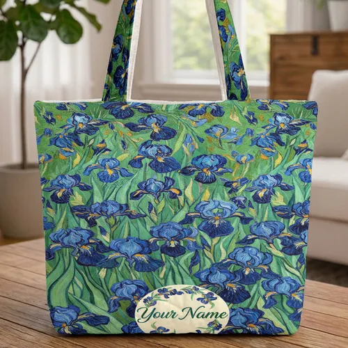 Cobalt Blue Irises Emerald Green Foliage Floral Wreath Quilted Tote Bag