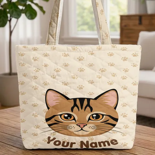 Personalized Tabby Cat Head Paw Prints Everyday Cat Lover Gift Quilted Tote Bag