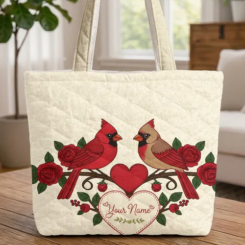 Organic Leaf Vine Cardinals Red Roses Heart Branch - Nature Lover Gift Quilted Tote Bag