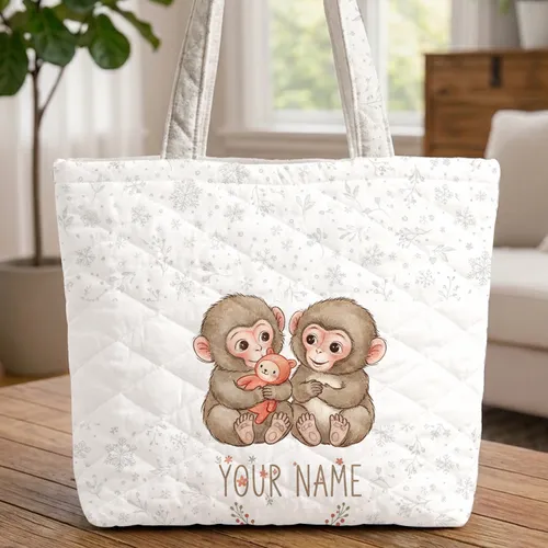 Baby Snow Macaques Snowflakes Floral Wreath - Wildlife Lover Gift Quilted Tote Bag