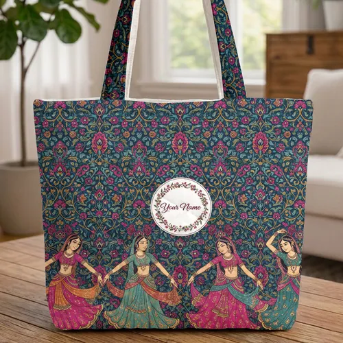 Persian Dancing Women Floral Tapestry - Personalized Everyday Tote for Art Lovers Quilted Tote Bag