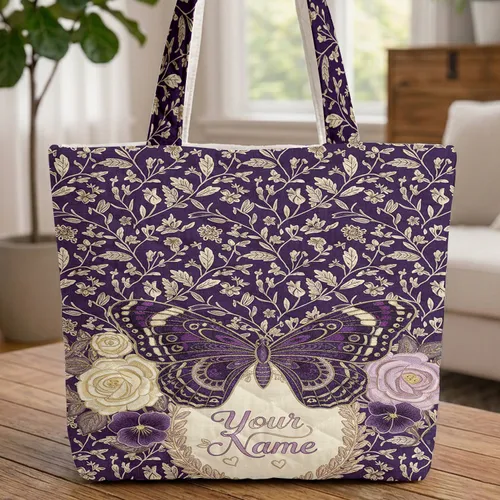 Ornate Butterfly Roses Violets Personalized Name - Botanical Floral Gift Quilted Tote Bag