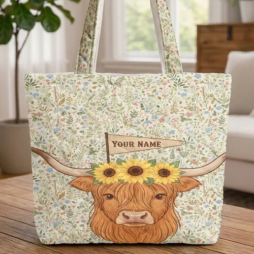 Highland Cow Sunflowers Name Pennant - Farmhouse Decor Gift for Cow Lover Quilted Tote Bag