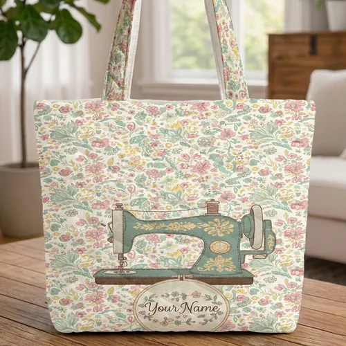 Vintage Sewing Machine Your Name Hoop - Craft Hobby Gift for Seamstress Quilted Tote Bag