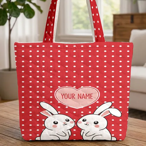 Bunnies Red Polka Dot Heart - Personalized Gift for Bunny Lover Quilted Tote Bag