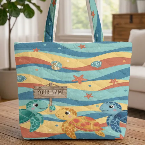 Sea Turtles Ocean Waves Starfish Seashells - Ocean Lover Gift for Children Quilted Tote Bag
