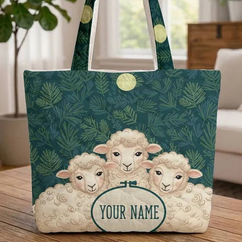 Fluffy Sheep Pine Needles Moon Shape - Personalized Everyday Gift for Sheep Lovers Quilted Tote Bag