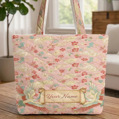 Flying Cranes Floral Ruyi Clouds Butterfly Name Scroll - Thoughtful Gift Quilted Tote Bag