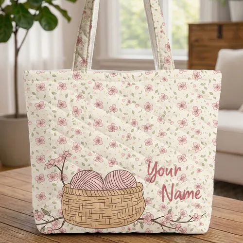 Scattered Blossom Leaf Woven Basket Yarn Flowering Branches Everyday Tote for Crafters Quilted Tote Bag