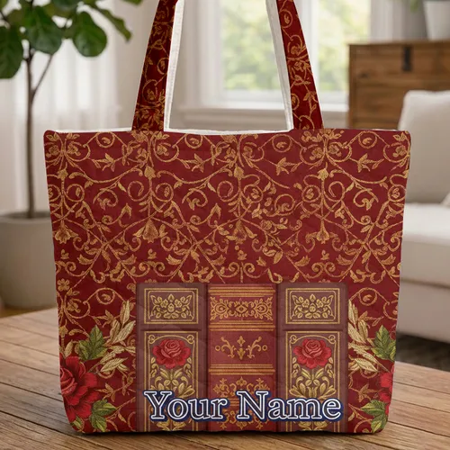 Ornate Antique Book Spines Gold Botanical Embroidery - Book Lover Gift Quilted Tote Bag