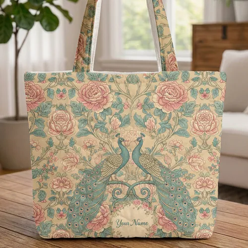 Majestic Peacocks Ornate Branch Flowering Branches Floral Wreath Wildlife Lover Gift Quilted Tote Bag