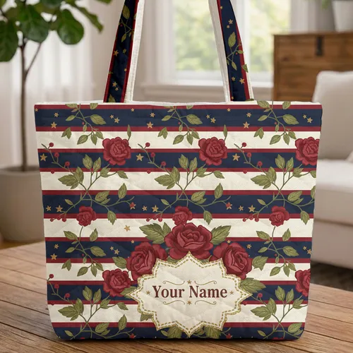 Patriotic Red Rose Floral Gold Star Cartouche Vines - Independence Day Heritage Gift Quilted Tote Bag