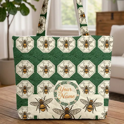 Foliate Bees Octagonal Leafy Tiles Floral Wreath - Nature Lover Gift Quilted Tote Bag