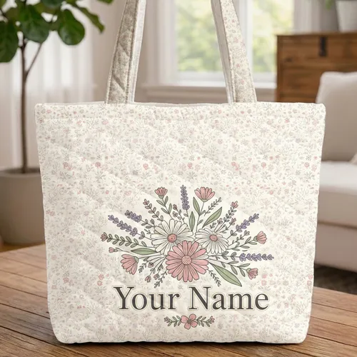 Wildflower Bouquet Daisies Lavender Personalized Gift Quilted Tote Bag