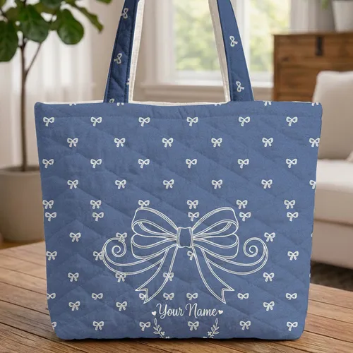 Ornate Bow Floral Wreath Small Bows Heart Accents Denim Blue - Everyday Gift Quilted Tote Bag