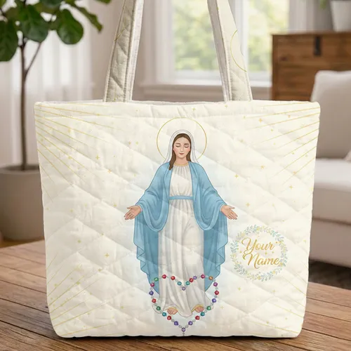 Virgin Mary Rosary Jewels Crucifix Floral Wreath - Devotional Faith Gift Quilted Tote Bag