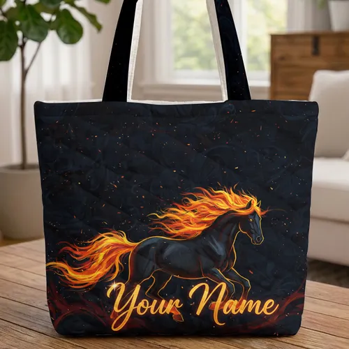 Majestic Galloping Horse Fiery Mane Flowing Swirls Glowing Embers - Horse Lover Gift Quilted Tote Bag