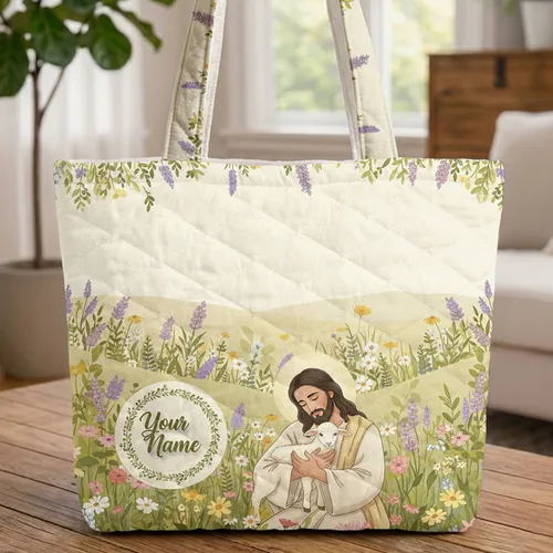 Jesus Embracing Lamb Wildflower Hills Personalized - Christian Faith Gift Quilted Tote Bag