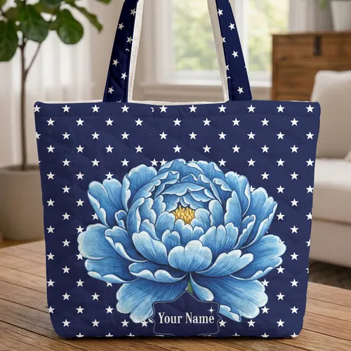 Blue Peony Starry Name Flower - Personalized Everyday Carry Gift Quilted Tote Bag