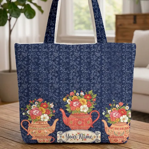 Ornate Teapots Teacups Floral Vines Name Scroll - Tea Lover Everyday Gift Quilted Tote Bag