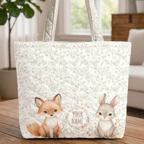 Baby Fox Baby Bunny Wildflower Leaves Your Name - Wildlife Lover Gift Quilted Tote Bag
