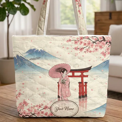 Japanese Woman Kimono Torii Gate Cherry Blossoms Mountains - Travel Companion Quilted Tote Bag