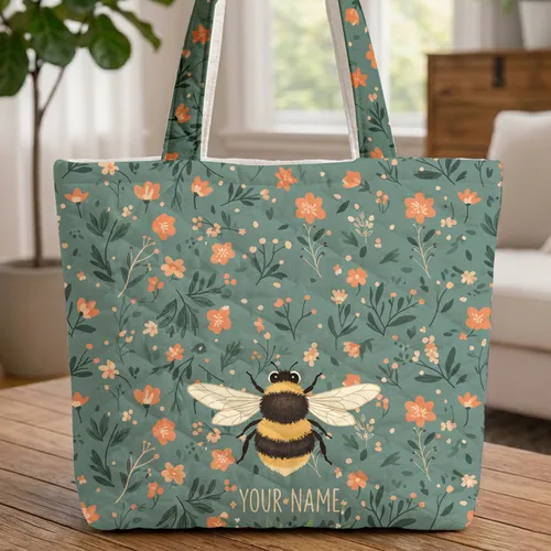 Bumblebee Floral Wreath Personalized - Everyday Nature Lover Gift Quilted Tote Bag