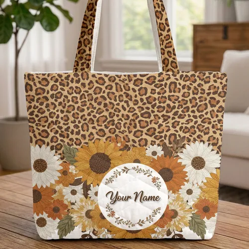 Leopard Print Your Name Floral Wreath Sunflowers Daisies Earthy Boho Lifestyle Quilted Tote Bag