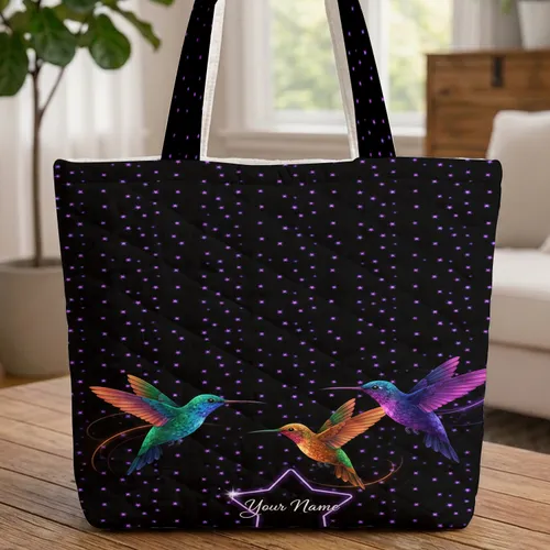 Iridescent Hummingbirds Glowing Purple Stars Star Name Wildlife Lover Gift Quilted Tote Bag