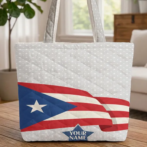 Puerto Rican Flag Personalized Star Name White Stars - Heritage Traveler Gift Quilted Tote Bag