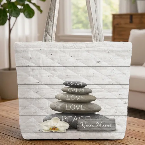 Spiritual Cairn Stacked Stones Orchid - Personalized Encouragement Present Quilted Tote Bag