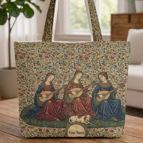 Medieval Robed Lute Players Dog Companion Millefleur Tapestry Quilted Tote Bag